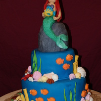Caitlin's 6Th Birthday Mermaid Cake, 12" & 8" tiers. Rock- carved styrofoam covered in fondant. All fondant and gumpaste figures and shells. Thanks...