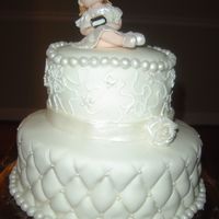 Carissa's Baptism Cake Made for 8 year old granddaughter. Fondant and handmade little girl holding bible on top. Design on teirs and fondant ribbon and rose...