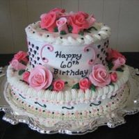 Pink And Black Cake With Pink Roses Cake is frosted with buttercream. Roses are hand molded out of MMF. Leaves are buttercream.