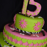 Green And Pink Teen Cake 10" and 6" vanilla cake with cinnamon buttercream and white chocolate cinnamon ganache, covered in MMF.