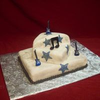 Rocker This cake was actually for a baby shower. It is covered in fondant with pearl dust. The notes and guiter are picks.