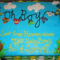 Oh Boy! (A Bright Baby Shower Cake) Cake covered in MMF and decorations are MMF and buttercream frosting. Cake was for double baby shower at work. My co-workers are due 3...
