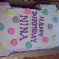 First Birthday Cake This cake was hand-cut into a #1 shape (Wilton now makes a #1 shaped pan) and the polka dots, which go with the invitations, are Necco...