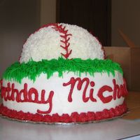 Baseball Birthday Cake Hi all! This is my first cake that I have sold! Thank you to Cake-Happy for the idea! It is a 9" round cake pan with a 1/2 ball cake...