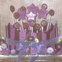 Sweet Sixteen The cake is chocolate, w/chocolate icing and filling. I surrounded the cake with white (purple) and dark chocolate shards. The happy faces...