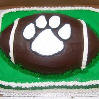 Football Birthday Cake This is a banana cake with buttercrean icing in green and chocolate buttercream icing on the football. The paw print is a FBCT in the logo...