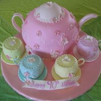 90Th Birthday Tea Party Vanilla cake with buttercream filling and fondant icing. Flowers, saucers, handles, spout, and lid made from gumpaste. I like the way this...