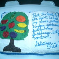 Galations 5:22-23 Cake This is a cake for my bible study in which the theme was about the fruit of the Spirit. This uses the book cake pan by Wilton.