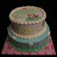 Baby Girl Classic Pooh Marble cake torted with strawberries, covered with BC and fondant flowers and butterflies. Pooh and Piglet are CTs. I wish I could take...
