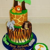 In The Jungle 5" on 8" cakes, 4" smash cake. BC iced cakes with fondant accents. Fondant + tylose animals.