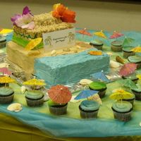 Tiki Hut I made this for a co-worker's retirement party. It is 2-11x15s stacked, 1-9x13 cut in half and stacked, 1 mini-loaf, and 36 cupcakes....