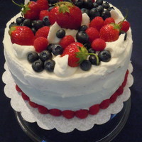 Sponge With Fresh Summer Fruit And Whipped Cream scratch sponge - 2 layers. Each layer soaked with cherry brandy simple syrup, fresh strawberries and blueberries and topped with whipped...