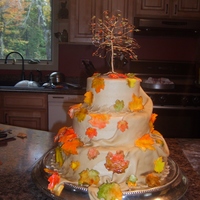 Fall Cake Hand Painted Leaves This was a fall wedding cake. The bride requested peanut butter frosting and wanted drape to match. I used LorAnne peanut butter flavoring...