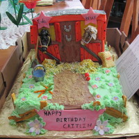 Horse And Pony marble cake with buttercream frosting and hand made fondant accents,water pail, apple, carrots, bag of oats,shovel.Horse and pony resembled...