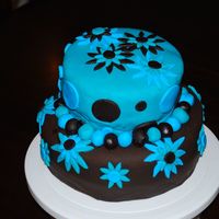 Baby Shower Cake Chocolate cake with chocolate buttercream icing, covered in Satin Ice chocolate fondant on the bottom and Satin Ice regular fondant on the...