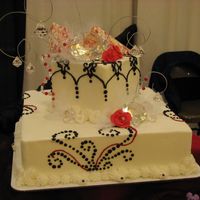 Whimsy B & W This was a fake cake I did for this years Bridal Fair. I found the jumbo jewels at a home decor store. Chocolate transfers and wire accents...