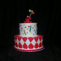 Elmo Cake I made this for my nephews bday. It is a 6,10 inch rounds iced in sugarshacks bc with fondant accents. The Elmo topper is a ballon weight...