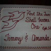 The Two Shall Become One The wedding couple wanted the doves and Bible verse from their invitation on the cake. Wedding color was red.