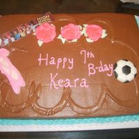 Sporty Sheet Cake This is a chocolate sheet cake iced with chocolate whipped cream - decorated with fondant ballet slippers and fondant soccer ball. The High...