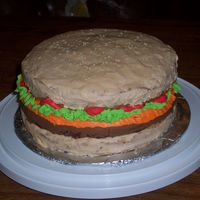 Burger1.jpg Another Burger Cake! The buns are made out of DH butter recipe/vanilla pudding and the burger is DH devils food/chocolate pudding and iced...