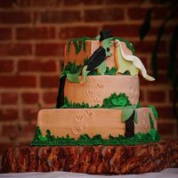Dinosaur Wedding Cake Buttercream cake. Used leaf tip to make green border. Handmade the leaves for the trees. NFSC for the dinosaur bride and groom. Had to...