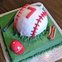 #7 Baseball Cake This cake was for my son's 7th bday. He asked for a baseball cake. All is done in fondant. the hotdog was my favorite addition!!