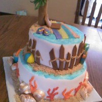 Beach Bum Bday Choc cake with buttercream filling. Homemade MMF on outside. All other items made with white chocolate and bought fondant.