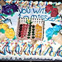 Garden Theme "going Away" Cake! This sheet cake was covered with buttercream and decorated with miniature tools and candy products. It says, "You will be missed&quot...