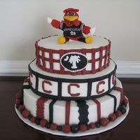Cocky USC groom's cake done as a surprise from the bride to the groom. Yellow cake covered with lemon icing and fondant decorations. Check...