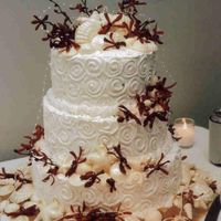 Beach Swirls This cake features White Chocolate seashells, Fresh Orchids, and Pearl Sprays. The sand is Raw sugar. The cake was home made butter cake...