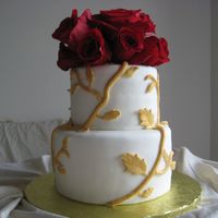 Golden Years 50Th Wedding Anniversary French vanilla cake, dark chocolate raspberry ganache filling, MMF (vines as well, handpainted with gold lustre dust) , real roses