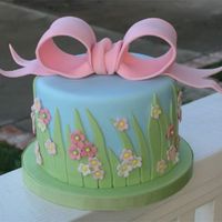 Springtime Grass And Bow Single tier fondant covered cake with fondant decorations and gumpaste bow.