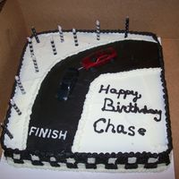 Race Car Cake devils food cake , black is chocolate with black food coloring and white is vanilla. Cake for brother in laws 11th bday....yea he's...