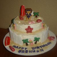 Beach Cake Shells, palm trees and flip flops made out of chocolate. Girl and surfboard made out of fondant.