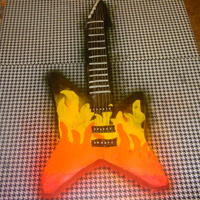Flame Guitar This cake is shaped out of 3-1/4 sheets. It ended up being right at 3' long. It is buttercreme and fondant.