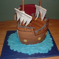 Pirate Ship i thought this looked pretty good for my first ship. exept the fonandant started to slide off the skewer but i fixed that after the pic.