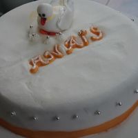 Duklin For the arrival of my cousin's daughter. All white, homemade rolled fondant. Ducklin also in fondant. My fist attempt in modelling...