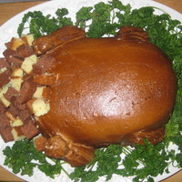 Roasted Turkey Cake My first attempt at the roasted turkey cake. Made for my dtr's 3rd grade class party! Lots of fun to make...had everyone fooled!...
