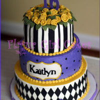 Kaitlyn's Sweet 16 Sweet 16 buttercream with fondant accents. Cricut cut name, plaque, leaves and diamonds. Hand-rolled (ribbon) roses.