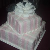 Vee Bridal Shower Cake Almond Flavored caked with almond flavored pink icing. The white strips are done in fondant. Over some of the strips are scrolls and dots...