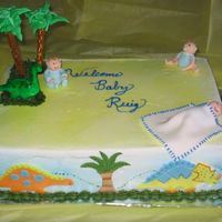 Baby Dinosaurs This is my first cake. The Palm trees are pretzel sticks with royal icing leaves. The babies and the dinosaurs are made from fondant. The...