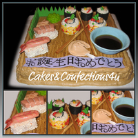 Sushi Anyone???? 12" square Cotton Candy Cake with Cotton Candy Buttercream... Banner with Message of Happy Birthday written in Japanese.... Toppers...
