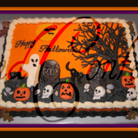 Halloween Graveyard 1/2 sheet Cotton Candy Cake marbeled purple & orange with cotton candy buttercream. Decorations made of fondant. All 100% edible... TFL...