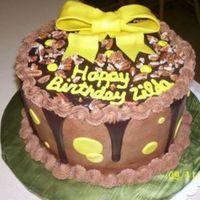 Chocolate White cake, turtle filling, yellow fondant bow w/gold luster dust.