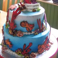 Ocean Cake This cake was done in buttercream with white chocolate decorations, inspired by the Whimsical Bakehouse. The seashells are gumpaste with...