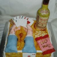 Card Cake Chocolate cake decorated with sugar paste with modeled hands holding cards, bag of nuts at side with wine bottle, the wine bottle was a...