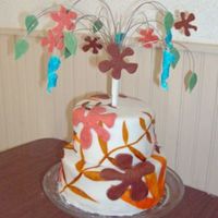 Hawaiian Print Floral Cake This cake was inspired by a tropical print fabric. It's a fondant cake with painted background, and fondant flowers.