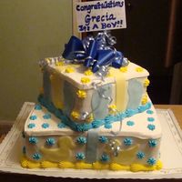 122.jpg BC icing on a 10" and 6" square cake. I used cookie cutters and fondant for the feet and other decorations on the sides.