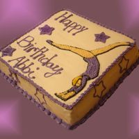 Gymnastics A chocolate cake, with reg. BC icing. Buttercream transfer on the artwork.