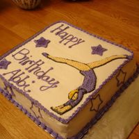 Gymnastics Birthday Cake Triple chocolate cake, all buttercream decorations. Gymnast was hand-drawn using a color page as a guide and a tooth pick.